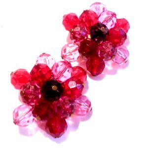 Vintage Large Red and Pink Faceted Bead Cluster Clip On Earrings